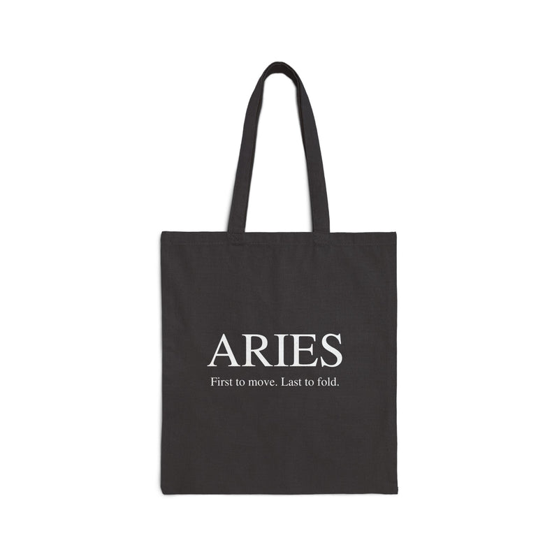 Tote Bag — Aries Zodiac Cotton Tote / "First to move. Last to fold." Minimal Astrology Shopper